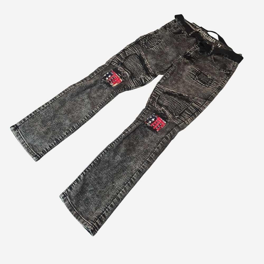 Street Rules Ripped Black denim jeans American flag kids- 12